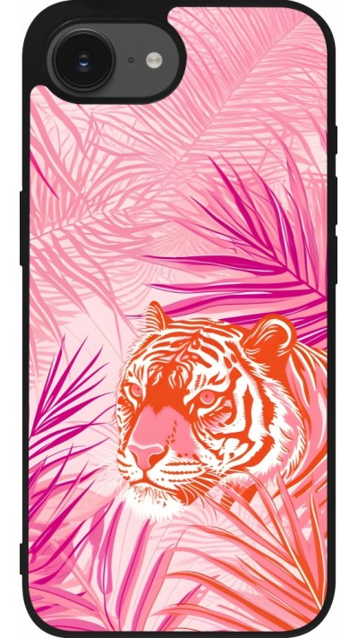 Coque iPhone 16e - Silicone rigide noir Tigre palmiers roses