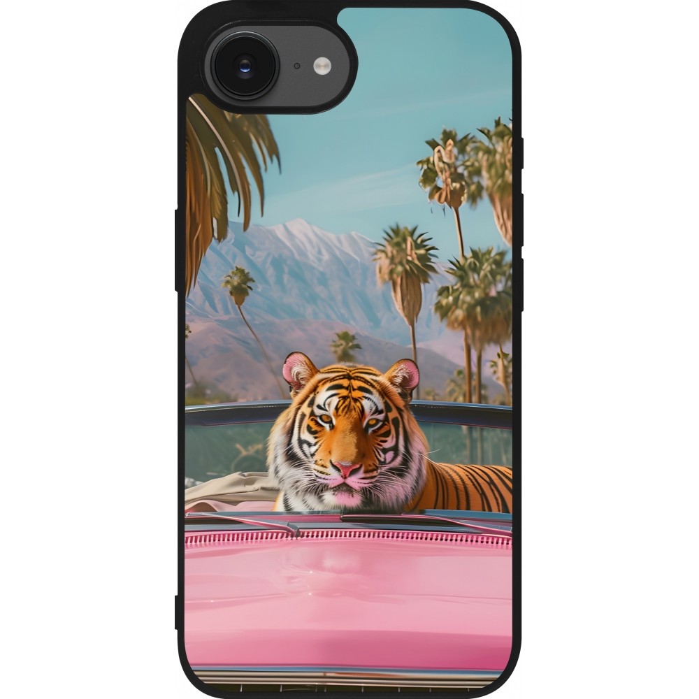 Coque iPhone 16e - Silicone rigide noir Tigre voiture rose