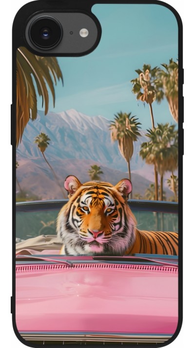 Coque iPhone 16e - Silicone rigide noir Tigre voiture rose