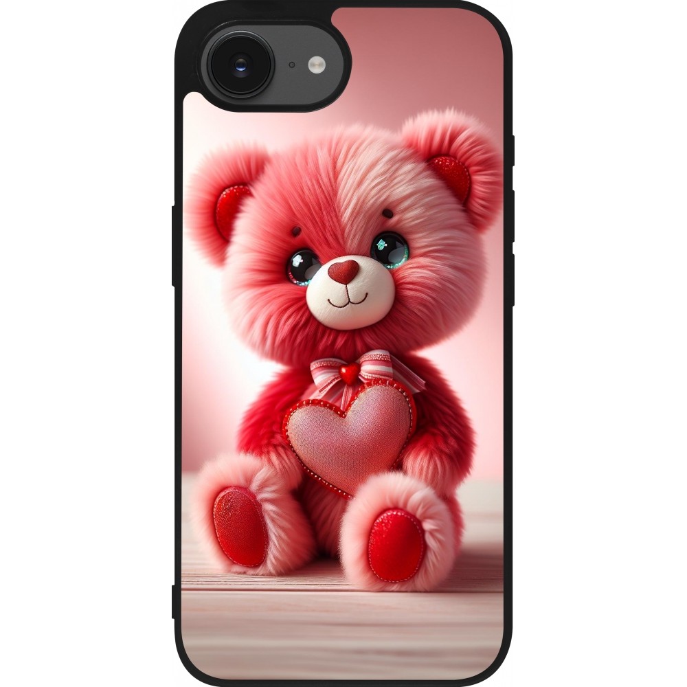 Coque iPhone 16e - Silicone rigide noir Valentine 2024 Ourson rose