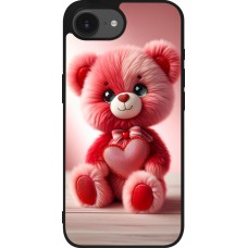 Coque iPhone 16e - Silicone rigide noir Valentine 2024 Ourson rose
