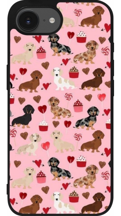 Coque iPhone 16e - Silicone rigide noir Valentine 2024 puppy love