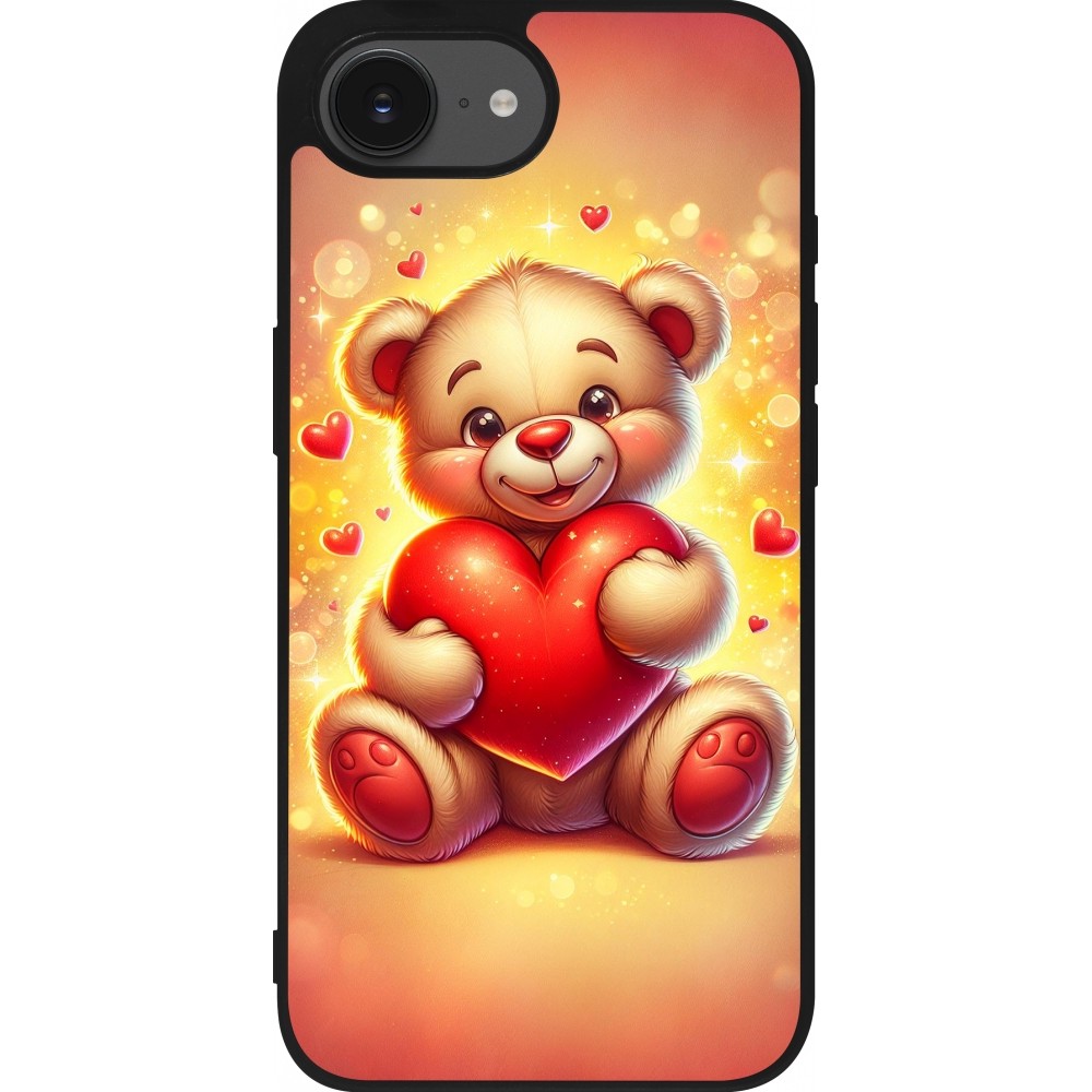 Coque iPhone 16e - Silicone rigide noir Valentine 2024 Teddy love