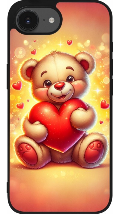 Coque iPhone 16e - Silicone rigide noir Valentine 2024 Teddy love