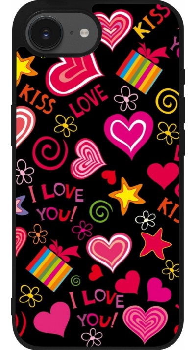 Coque iPhone 16e - Silicone rigide noir Valentine 2023 love symbols