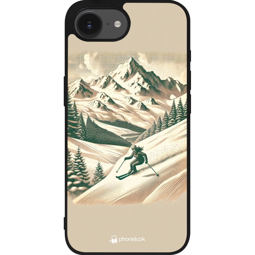 Coque iPhone 16e - Silicone rigide noir Vintage Ski Mountain