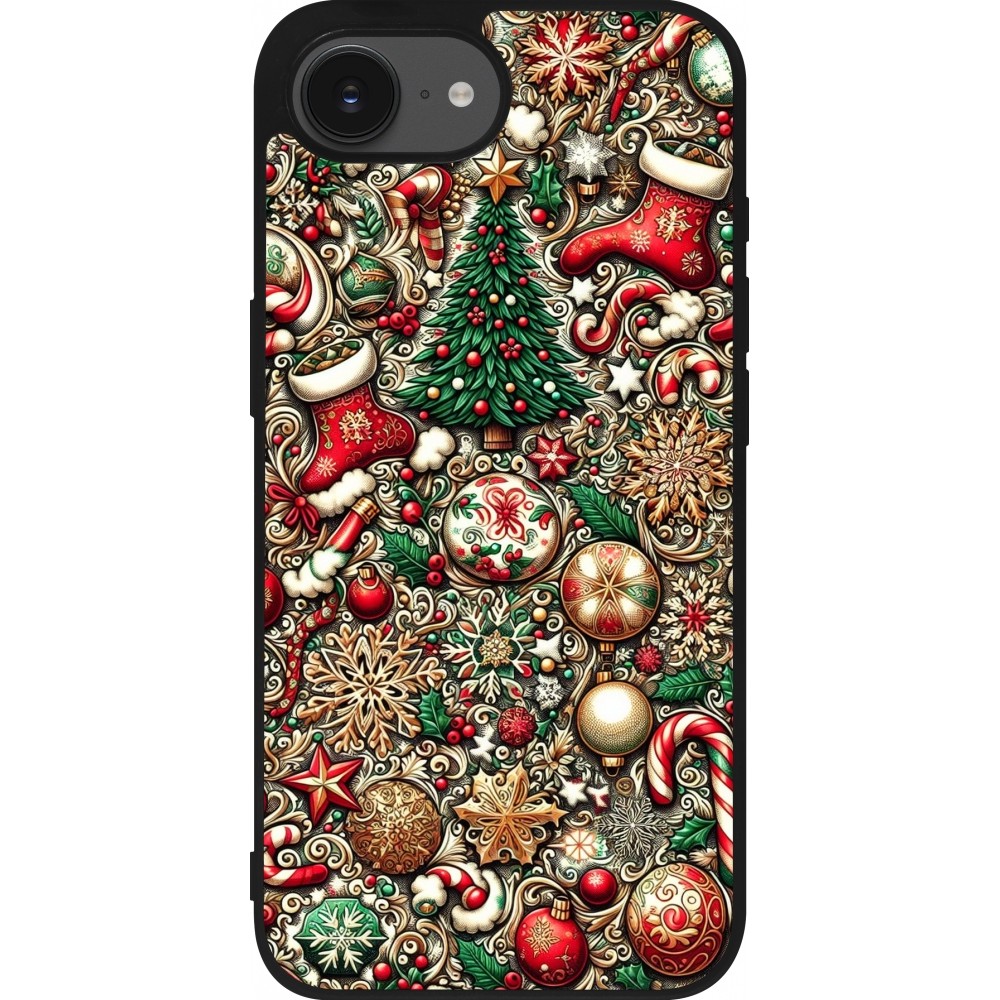 Coque iPhone 16e - Silicone rigide noir Noël 2023 micro pattern