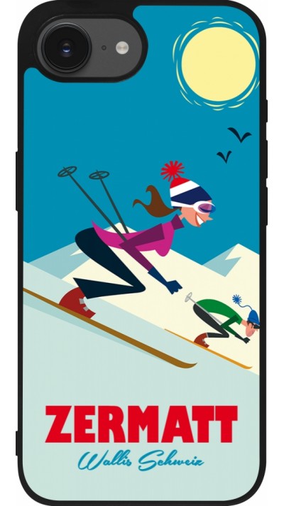 Coque iPhone 16e - Silicone rigide noir Zermatt Ski Downhill