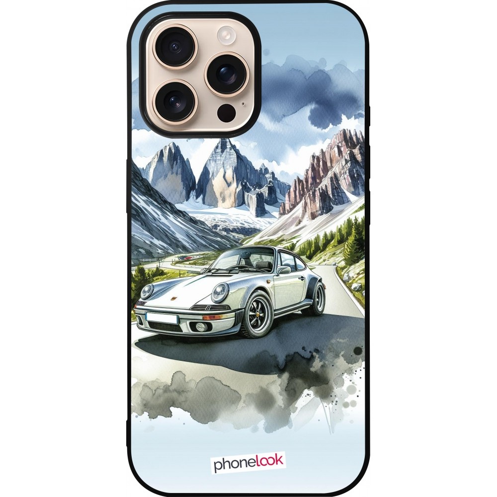 Coque iPhone 16 Pro Max - Silicone rigide noir Porsche 911 Mountain Watercolor