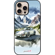 Coque iPhone 16 Pro Max - Silicone rigide noir Porsche 911 Mountain Watercolor