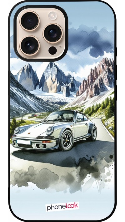 Coque iPhone 16 Pro Max - Silicone rigide noir Porsche 911 Mountain Watercolor