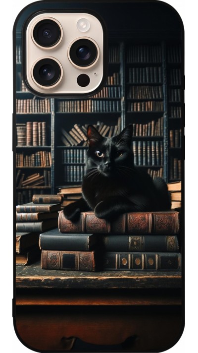 iPhone 16 Pro Max Case Hülle - Silikon schwarz Katze Bücher dunkel