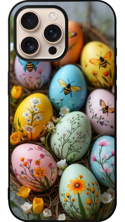 Coque iPhone 16 Pro Max - Silicone rigide noir Easter 2026 Eggs with bees