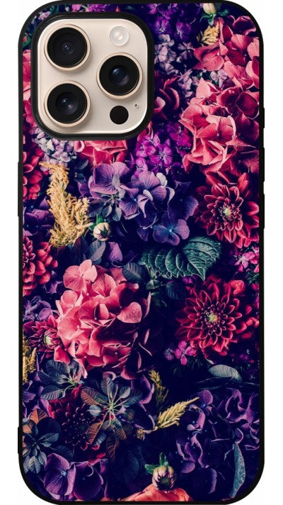 Coque iPhone 16 Pro Max - Silicone rigide noir Flowers Dark