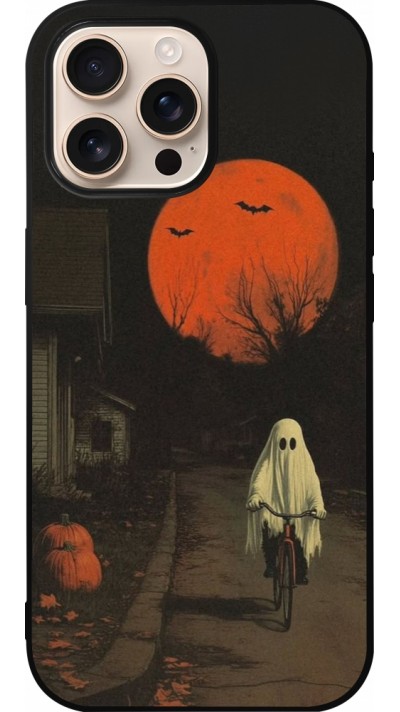Coque iPhone 16 Pro Max - Silicone rigide noir Halloween 2025 Ghost on a bicycle