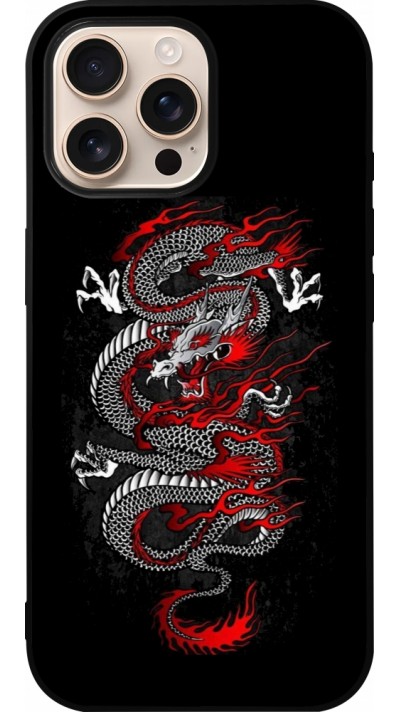 Coque iPhone 16 Pro Max - Silicone rigide noir Japanese style Dragon Tattoo Red Black