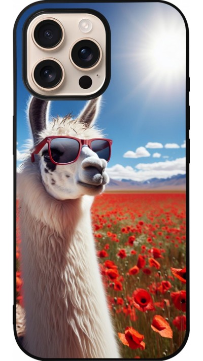 Coque iPhone 16 Pro Max - Silicone rigide noir Lama Chic en Coquelicot
