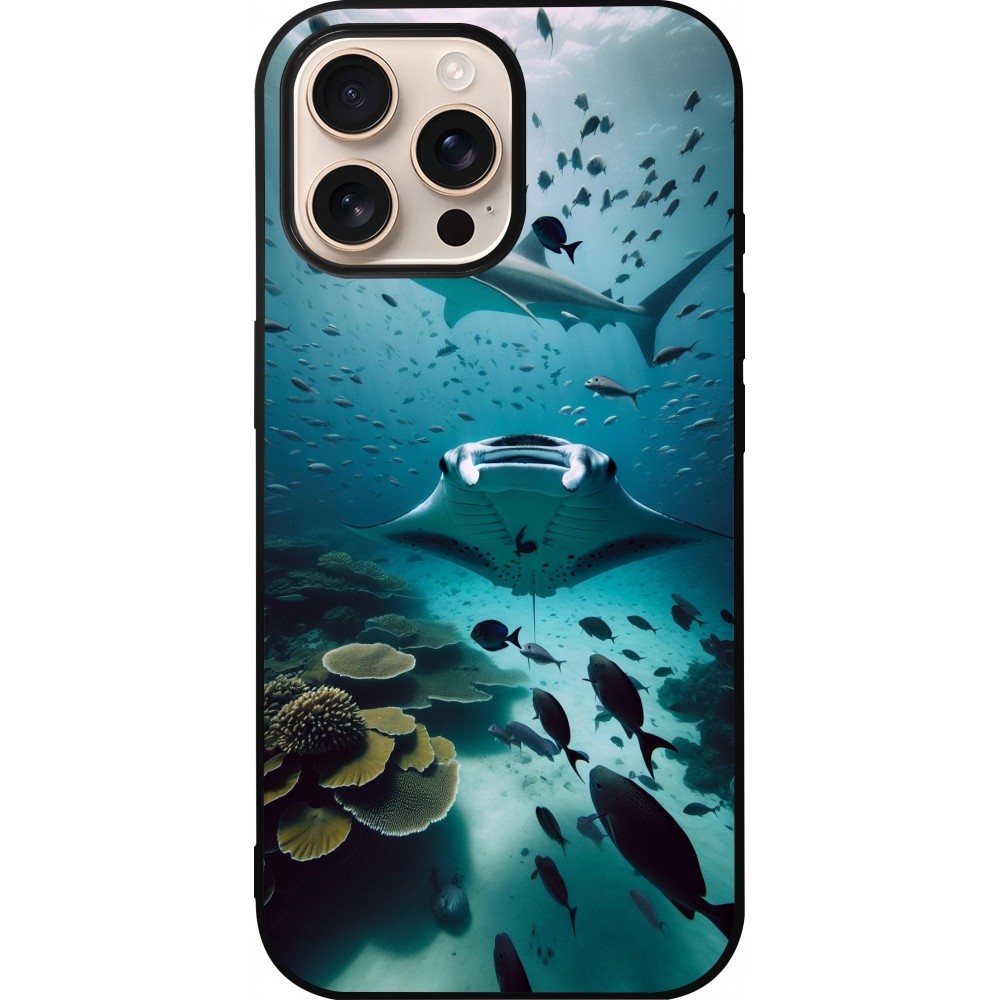 Coque iPhone 16 Pro Max - Silicone rigide noir Manta Lagon Nettoyage