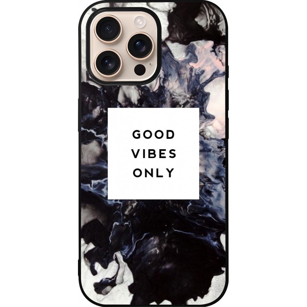 Coque iPhone 16 Pro Max - Silicone rigide noir Marble Good Vibes Only