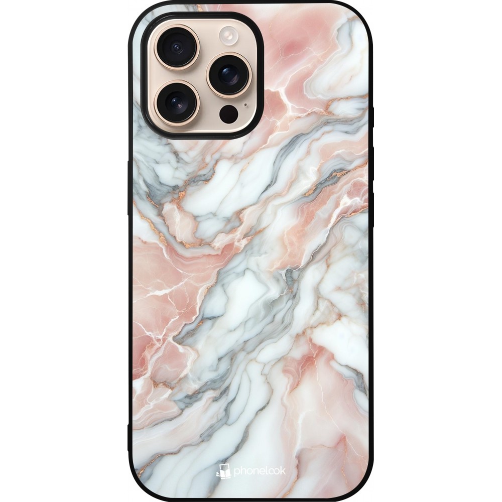 Coque iPhone 16 Pro Max - Silicone rigide noir Marbre Rose Lumineux