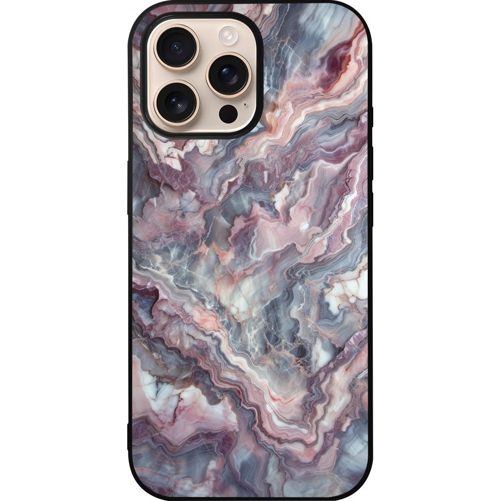 Coque iPhone 16 Pro Max - Silicone rigide noir Marbre violette argentée