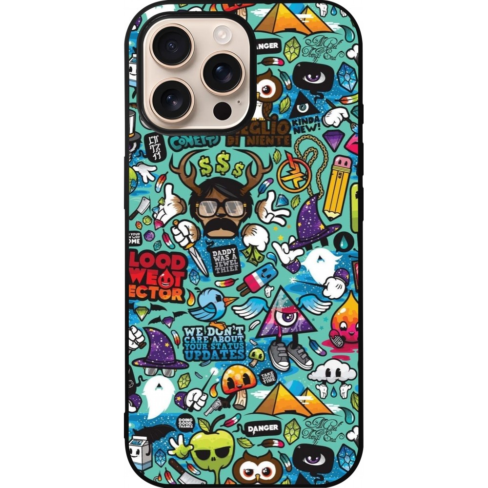 Coque iPhone 16 Pro Max - Silicone rigide noir Mixed Cartoons Turquoise