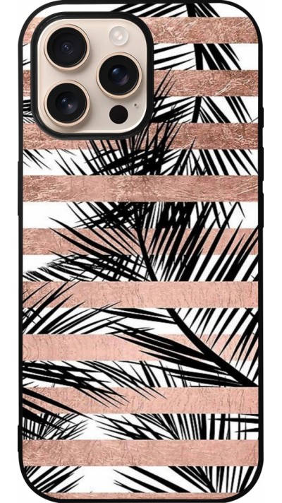 Coque iPhone 16 Pro Max - Silicone rigide noir Palm trees gold stripes