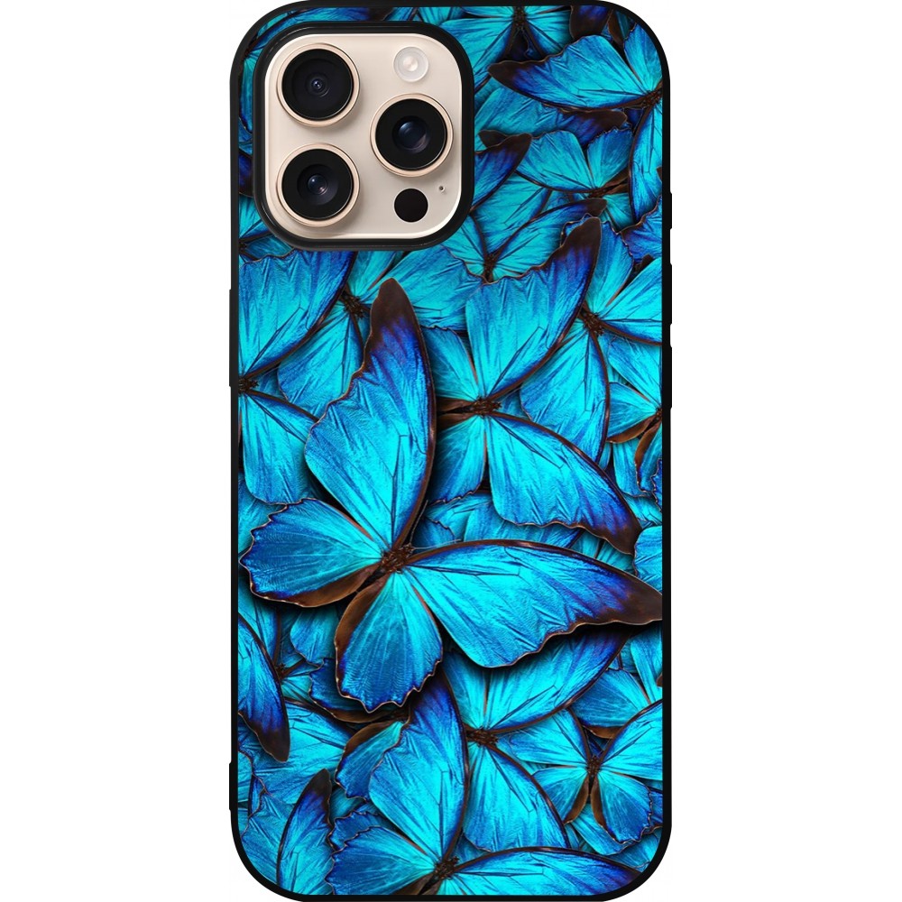 Coque iPhone 16 Pro Max - Silicone rigide noir Papillon bleu