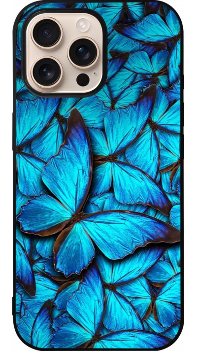 Coque iPhone 16 Pro Max - Silicone rigide noir Papillon bleu