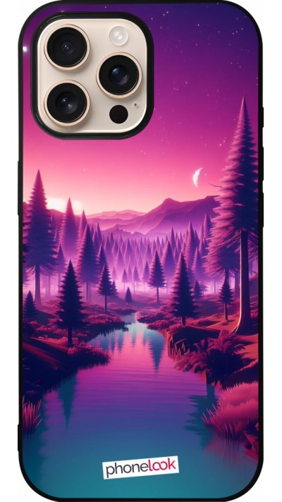 Coque iPhone 16 Pro Max - Silicone rigide noir Paysage Violet-Rose