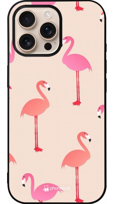 Coque iPhone 16 Pro Max - Silicone rigide noir Pink Flamingos Pattern