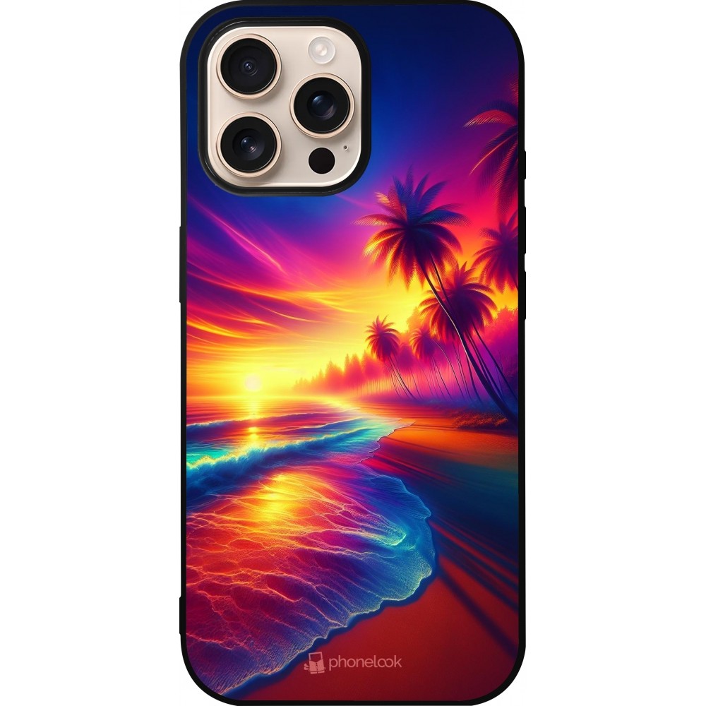 Coque iPhone 16 Pro Max - Silicone rigide noir Plage coucher soleil flashy
