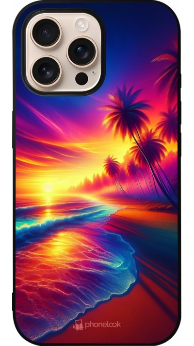 Coque iPhone 16 Pro Max - Silicone rigide noir Plage coucher soleil flashy