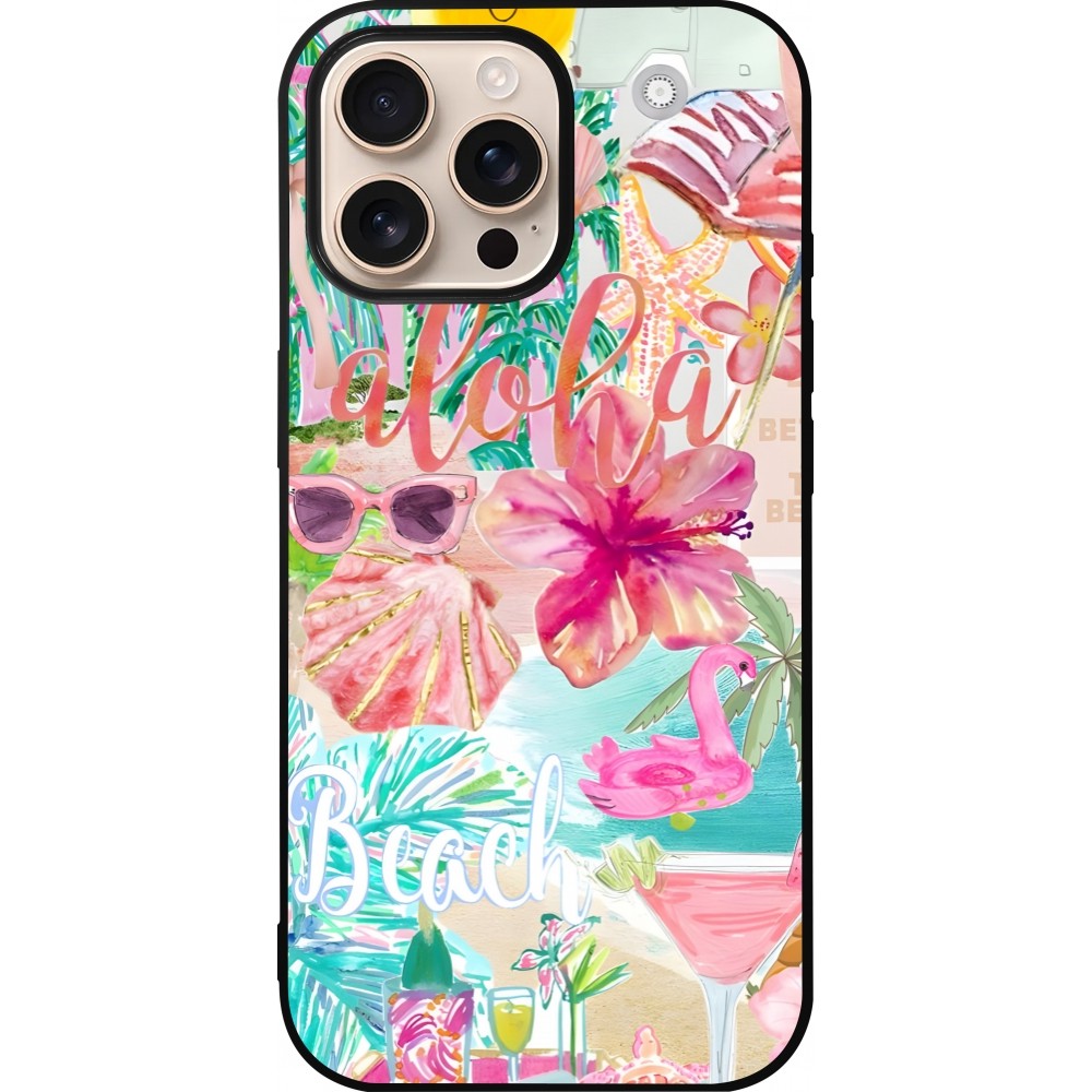 Coque iPhone 16 Pro Max - Silicone rigide noir Preppy Collage Aloha