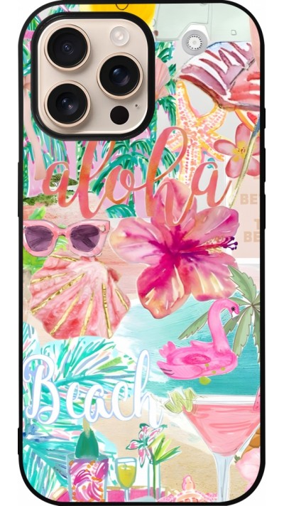 Coque iPhone 16 Pro Max - Silicone rigide noir Preppy Collage Aloha