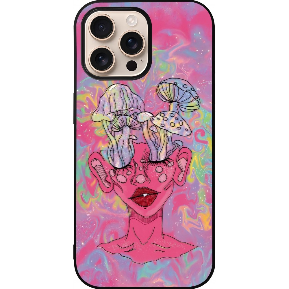 Coque iPhone 16 Pro Max - Silicone rigide noir Psychedelic pink mushroom