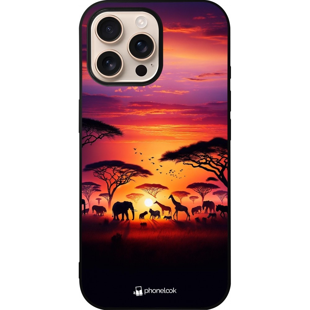 Coque iPhone 16 Pro Max - Silicone rigide noir Safari sunset wildlife