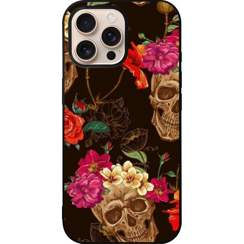 Coque iPhone 16 Pro Max - Silicone rigide noir Skulls and flowers