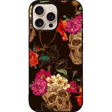 Coque iPhone 16 Pro Max - Silicone rigide noir Skulls and flowers