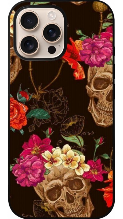 Coque iPhone 16 Pro Max - Silicone rigide noir Skulls and flowers