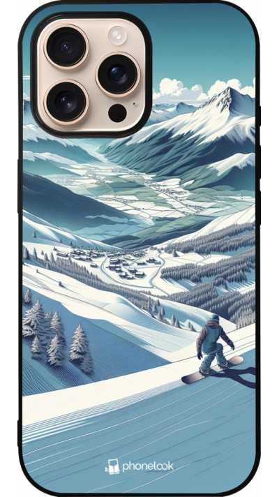 Coque iPhone 16 Pro Max - Silicone rigide noir Snowboarder Montagne