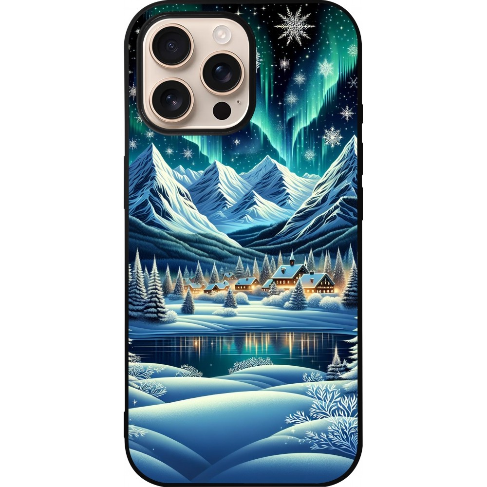 Coque iPhone 16 Pro Max - Silicone rigide noir Snowy Mountain Village Lake night