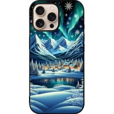 Coque iPhone 16 Pro Max - Silicone rigide noir Snowy Mountain Village Lake night