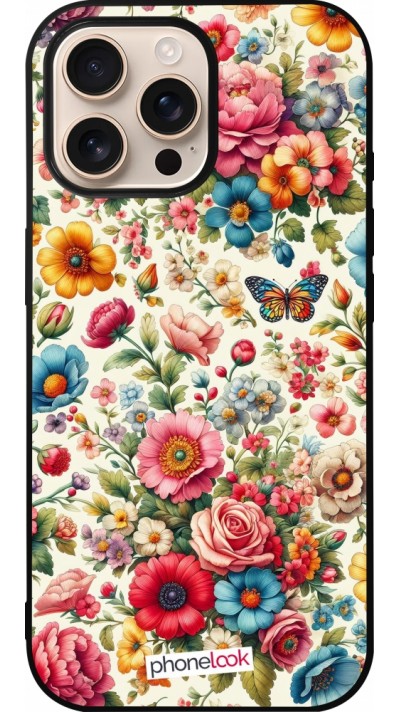 Coque iPhone 16 Pro Max - Silicone rigide noir Spring 25 printemps fleuri