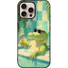 Coque iPhone 16 Pro Max - Silicone rigide noir Crocodile in the swimming pool Summer 2026