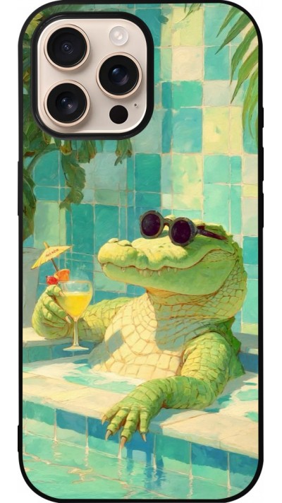 Coque iPhone 16 Pro Max - Silicone rigide noir Crocodile in the swimming pool Summer 2026