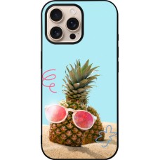 Coque iPhone 16 Pro Max - Silicone rigide noir Pineapple with glasses Summer 2026