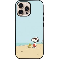 Coque iPhone 16 Pro Max - Silicone rigide noir Snoopy on the beach Summer 2026