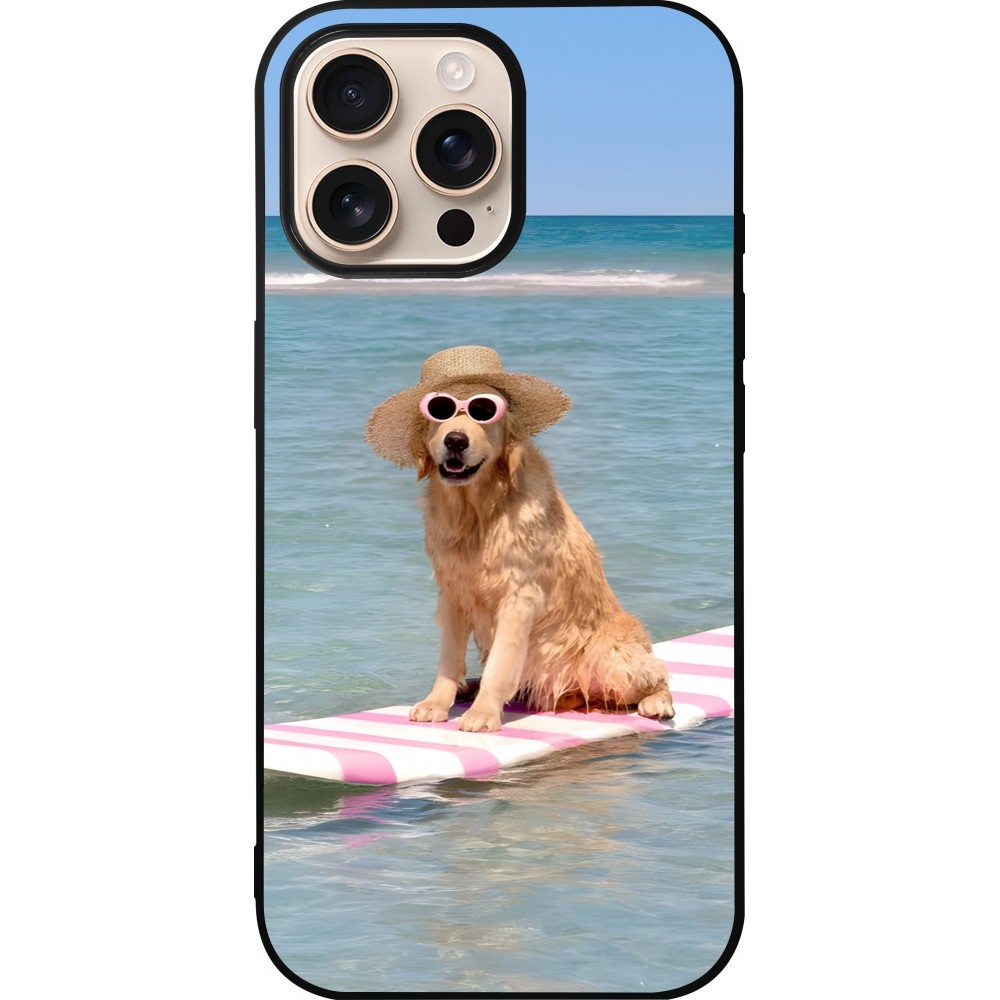Coque iPhone 16 Pro Max - Silicone rigide noir Summer Dog on Paddle