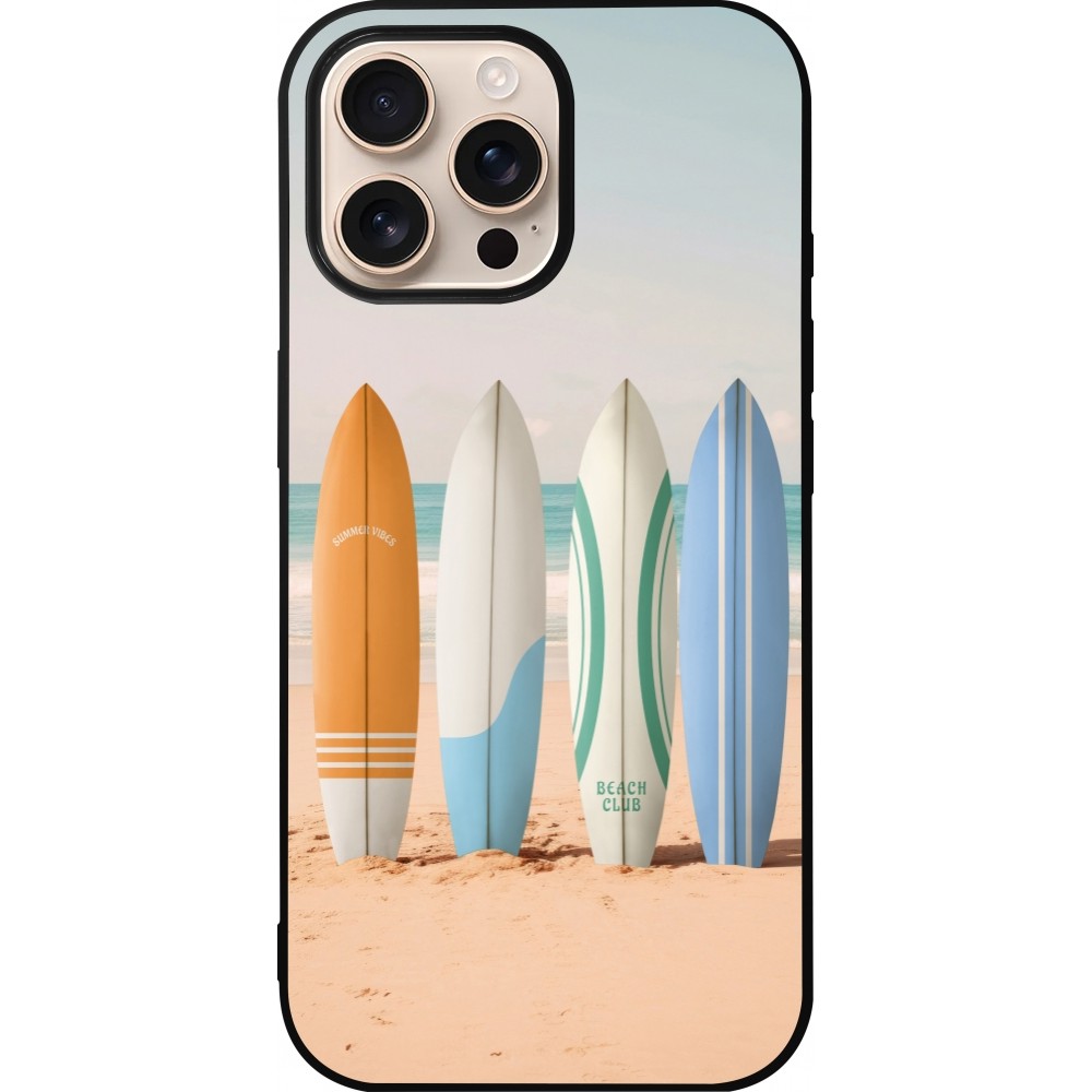 Coque iPhone 16 Pro Max - Silicone rigide noir Summer surfboard 2025